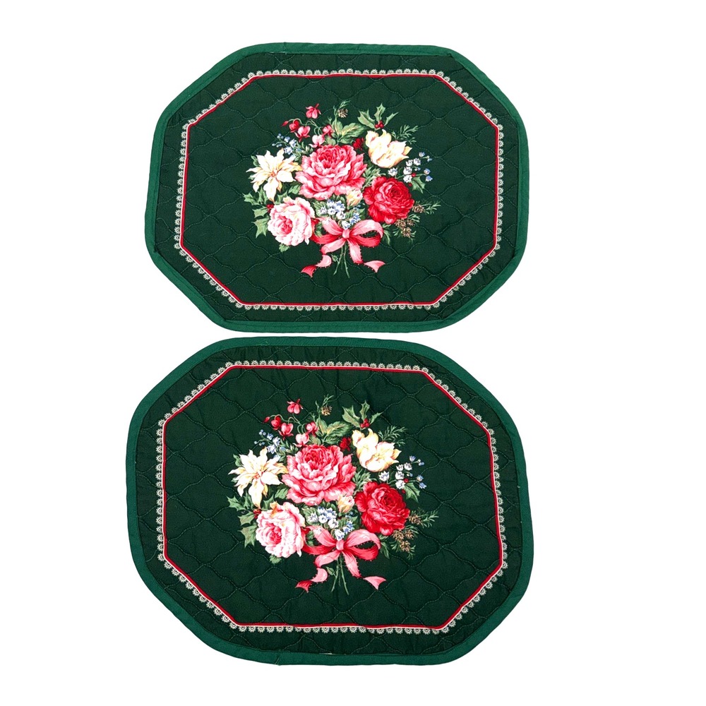 2 VTG 1980s Quilted Reversible Placemats Fabric Cottage Grandma Core Holiday SEE